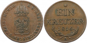 RDR – Habsburg – Österreich, KAISERREICH ÖSTERREICH. Franz II. (I.) (1792-1835). 1 Kreuzer 1816 A. Kupfer. Vorzüglich-stempelglanz