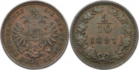 RDR – Habsburg – Österreich, KAISERREICH ÖSTERREICH. Franz Joseph I. 5/10 Kreuzer 1891. Kupfer. KM 2184. Fast Stempelglanz