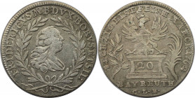 Altdeutsche Münzen und Medaillen, BRANDENBURG - BAYREUTH. Friedrich (1735-1763). 20 Kreuzer 1762 CLR, Bayreuth. Silber. KM 225. Fast Vorzüglich