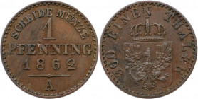 Altdeutsche Münzen und Medaillen, BRANDENBURG IN PREUSSEN. Wilhelm I. (1861-1888). 1 Pfennig 1862 A. Kupfer. Jaeger 50, AKS 108. Vorzüglich-Stempelgla...