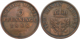 Altdeutsche Münzen und Medaillen, BRANDENBURG IN PREUSSEN. Wilhelm I. (1861-1888). 3 Pfennig 1868 C. Kupfer. KM 482. Fast Vorzüglich