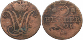 Altdeutsche Münzen und Medaillen, HESSEN - KASSEL. Landgraf Wilhelm IX. (1791-1803). 3 Heller 1791. Kupfer. KM 544. Sehr schön