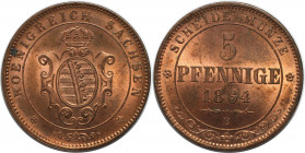 Altdeutsche Münzen und Medaillen, SACHSEN - ALBERTINE. Johann (1854-1873). 5 Pfennig 1864 B. Kupfer. KM 1218, AKS 151. Stempelglanz