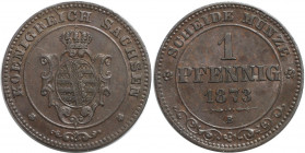 Altdeutsche Münzen und Medaillen, SACHSEN - ALBERTINE. Johann (1854-1873). 1 Pfennig 1873 B. Kupfer. KM 1216, AKS 155. Vorzüglich