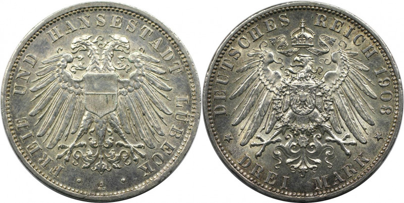 Deutsche Münzen und Medaillen ab 1871, REICHSSILBERMÜNZEN, Lübeck. 3 Mark 1908 A...