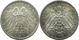 Deutsche Münzen und Medaillen ab 1871, REICHSSILBERMÜNZEN, Lübeck. 3 Mark 1908 A. Silber. Jaeger 82. Vorzüglich, Berieben