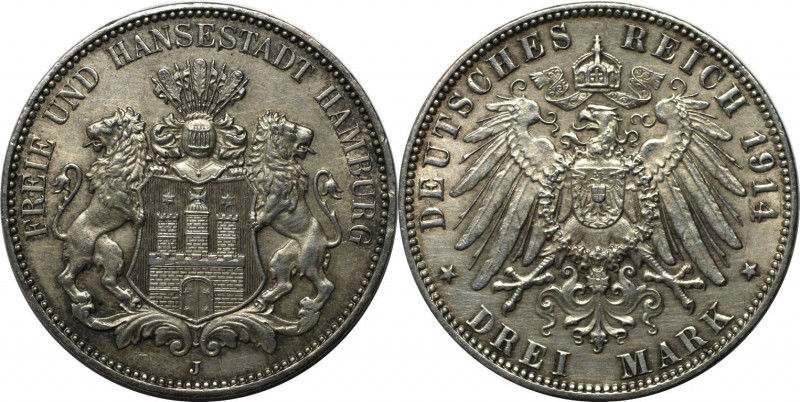 Deutsche Münzen und Medaillen ab 1871, REICHSSILBERMÜNZEN, Hamburg. 3 Mark 1914 ...