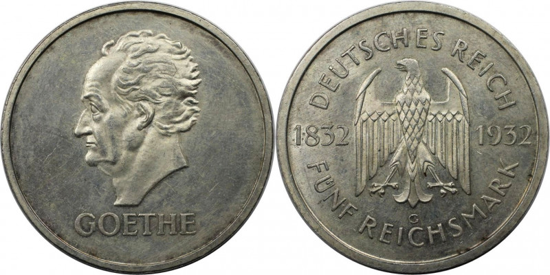 Deutsche Münzen und Medaillen ab 1871, WEIMARER REPUBLIK. Goethe. 5 Reichsmark 1...