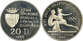 Europäische Münzen und Medaillen, Andorra. Olympia 1992 - Eistanz. 20 Diners 1988. 16,0 g. 0.925 Silber. 0.48 OZ. KM 47. Polierte Platte