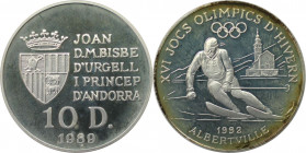 Europäische Münzen und Medaillen, Andorra. "Olympiade Albertville 1992". 10 Diners 1989. 12,0 g. 0.925 Silber. 0.36 OZ. KM 55. Polierte Platte