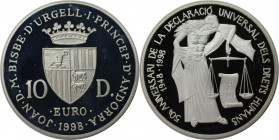 Europäische Münzen und Medaillen, Andorra. 50 Jahre Erklärung der Menschenrechte. 10 Diners 1998. 31,47 g. 0.925 Silber. 0.94 OZ. KM 143. Polierte Pla...