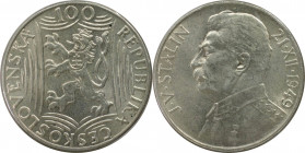 Europäische Münzen und Medaillen, Tschechoslowakei / Czechoslovakia. 70. Geburtstag von Josef Stalin. 100 Kronen 1949. 14,0 g. 0.500 Silber. 0.23 OZ. ...