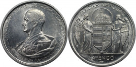 Europäische Münzen und Medaillen, Ungarn / Hungary. 75. Jahrestag - Geburt von Admiral Horthy. 5 Pengö 1943. Aluminium. KM 523. Stempelglanz