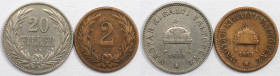 Europäische Münzen und Medaillen, Ungarn / Hungary, Lots und Sammlungen. 2 Filler 1893 (KM 481), 20 Filler 1894 (KM 483). Lot von 2 Münzen. Sehr schön...