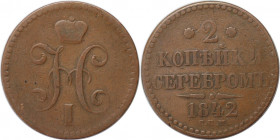 Russische Münzen und Medaillen, Nikolaus I. (1826-1855). 2 Kopeken 1842. Kupfer. Bitkin 821. Sehr schön
