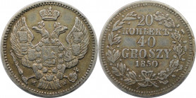 Russische Münzen und Medaillen, Nikolaus I. (1826-1855), für Polen. 20 Kopeken zu 40 Groszy 1850 MW, Warschau. Silber. Bitkin 1263. Sehr schön-vorzügl...