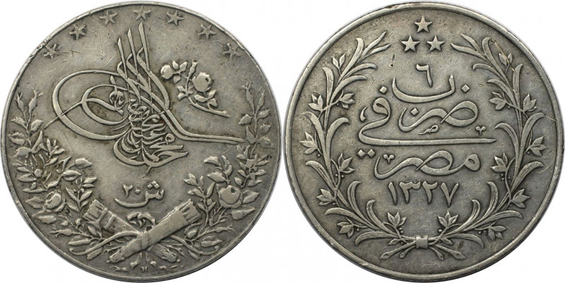Weltmünzen und Medaillen, Ägypten / Egypt. Mehmed V. 20 Qirsh 1913 (AH 1327/6H)....
