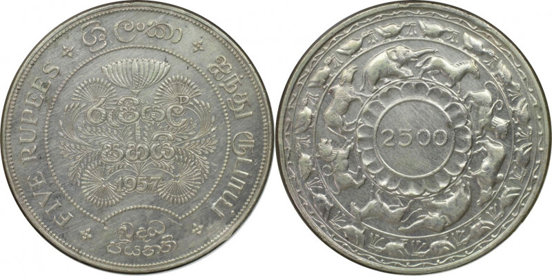 Weltmünzen und Medaillen, Ceylon. 2500 Jahre Buddhismus. 5 Rupees 1957. Silber. ...