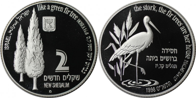 Weltmünzen und Medaillen, Israel. Storch. 2 New Sheqalim 1998. 28,80 g. 0.925 Si...