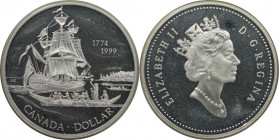 Weltmünzen und Medaillen, Kanada / Canada. 225. Jahrestag der Reise von Juan Perez. Fregatte Santiago. 1 Dollar 1999. 25,18 g. 0.925 Silber. 0.75 OZ. ...