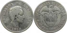 Weltmünzen und Medaillen, Kolumbien / Colombia. Simon Bolivar. 50 Centavos 1916. KM 274. Sehr schön