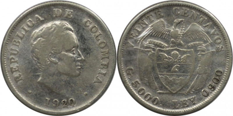 Weltmünzen und Medaillen, Kolumbien / Colombia. Simon Bolivar. 20 Centavos 1920....