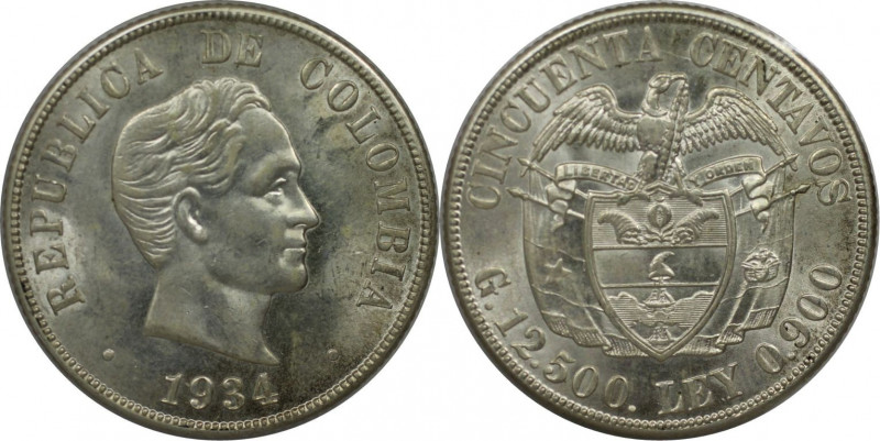 Weltmünzen und Medaillen, Kolumbien / Colombia. Simon Bolivar. 50 Centavos 1934....