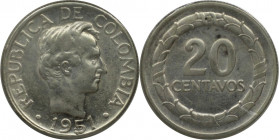Weltmünzen und Medaillen, Kolumbien / Colombia. 20 Centavos 1951. 5,0 g. 0.500 Silber. 0.08 OZ. KM 208.2. Stempelglanz