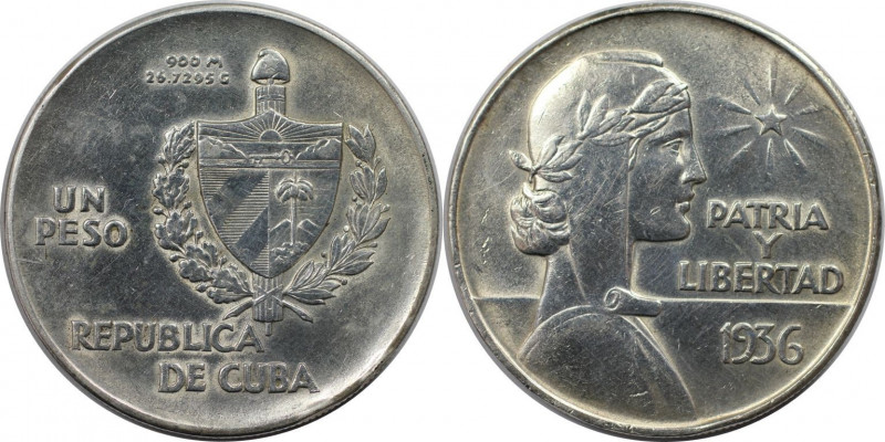 Weltmünzen und Medaillen, Kuba / Cuba. 1 Peso 1936. Silber. Stempelglanz. Patina...