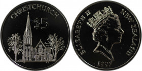 Weltmünzen und Medaillen, Neuseeland / New Zealand. "CHRISTCHURCH". 5 Dollars 1997. Kupfer-Nickel. KM 106. Stempelglanz