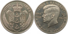 Weltmünzen und Medaillen, Niue. John F. Kennedy (196 -1988) "Ich bin ein Berliner". 5 Dollars 1988. Kupfer-Nickel. KM 17. Stempelglanz