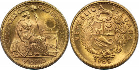 Weltmünzen und Medaillen, Peru. 5 Soles 1965. 2,34 g. 0.900 Gold. 0.07 OZ. KM 235. Stempelglanz