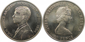 Weltmünzen und Medaillen, Saint Helena island. Königlicher Besuch von Prinz Andrew. 50 Pence 1984. Kupfer-Nickel. KM 13. Stempelglanz