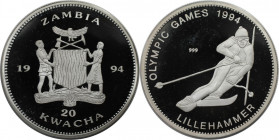 Weltmünzen und Medaillen, Sambia / Zambia. "Olympiade 1994, Lillehammer". 20 Kwacha 1994. 10,17 g. 0.999 Silber. 0.33 OZ. KM 33. Polierte Platte