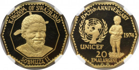 Weltmünzen und Medaillen, Swaziland. 75. Jahrestag - Geburt von König Sobhuza II. UNICEF. 20 Emalangeni 1974. 23,23 g. 0.900 Gold. 0.64 OZ. KM 19. NGC...