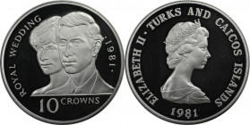 Weltmünzen und Medaillen, Turks und Caicos Inseln / Turks and Caicos Islands. Hochzeit von Prinz Charles und Lady Diana. 10 Crowns 1981. 29,70 g. 0.92...