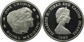 Weltmünzen und Medaillen, Turks und Caicos Inseln / Turks and Caicos Islands. Königliche Hochzeit. 1 Crown 1986. 28,28 g. 0.925 Silber. 0.84 OZ. KM 60...