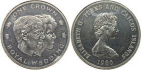 Weltmünzen und Medaillen, Turks und Caicos Inseln / Turks and Caicos Islands. Königliche Hochzeit. 1 Crown 1986, Kupfer-Nickel. KM 60. Vorzüglich-stem...