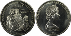 Weltmünzen und Medaillen, Turks und Caicos Inseln / Turks and Caicos Islands. 500 Jahre Entdeckung Amerikas durch Kolumbus. 5 Crowns 1991. Kupfer-Nick...