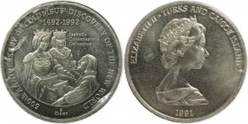 Weltmünzen und Medaillen, Turks und Caicos Inseln / Turks and Caicos Islands. 500 Jahre Entdeckung Amerikas durch Kolumbus. 5 Crowns 1991. Kupfer-Nick...