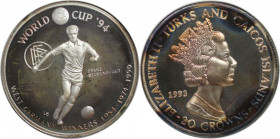 Weltmünzen und Medaillen, Turks und Caicos Inseln / Turks and Caicos Islands. Fußball-WM 1994 - Franz Beckenbauer. 20 Crowns 1993. 31,10 g. 0.999 Silb...