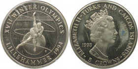 Weltmünzen und Medaillen, Turks und Caicos Inseln / Turks and Caicos Islands. "1994 Lillehammer Winter Olympics - Eislaufen". 5 Crowns 1993. Kupfer-Ni...