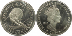 Weltmünzen und Medaillen, Turks und Caicos Inseln / Turks and Caicos Islands. "1994 Lillehammer Winter Olympics - Skiabfahrt". 5 Crowns 1993. Kupfer-N...