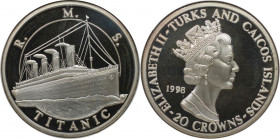 Weltmünzen und Medaillen, Turks und Caicos Inseln / Turks and Caicos Islands. R.M.S. Titanic. 20 Crowns 1998. 31,23 g. 0.999 Silber. 1 OZ. KM 240. Pol...