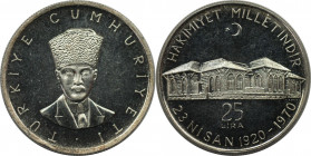 Weltmünzen und Medaillen, Türkei / Turkey. 50. Jahrestag der Nationalversammlung in Ankara. 25 Lira 1970. 14,60 g. 0.830 Silber. 0.39 OZ. KM 897. Poli...