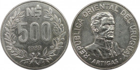 Weltmünzen und Medaillen, Uruguay. Jose Artigas. 500 Nuevos Pesos 1989. Kupfer-Nickel. KM 98. Stempelglanz