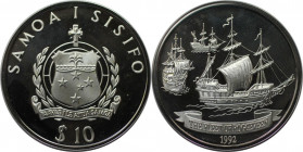 Weltmünzen und Medaillen, Western Samoa. Segelschiffe von Jakob Roggeveen. 10 Tala 1992. 31,77 g. 0.925 Silber. 0.95 OZ. KM 99. Polierte Platte