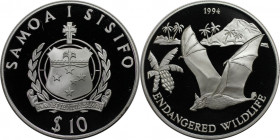 Weltmünzen und Medaillen, Western Samoa. Tierwelt - Samoa-Flughund. 10 Tala 1994. 31,77 g. 0.925 Silber. 0.93 OZ. KM 101. Polierte Platte