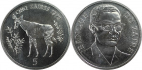 Weltmünzen und Medaillen, Zaire. Rettet die Tierwelt: Okapi. 5 Zaires 1975. 35,0 g. 0.925 Silber. 1.04 OZ. KM 10. Stempelglanz