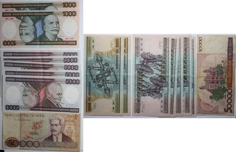Banknoten, Brasilien / Brazil. 1000 Cruzeiros, 5000 Cruzeiros, 50 000 Cruzeiros ...